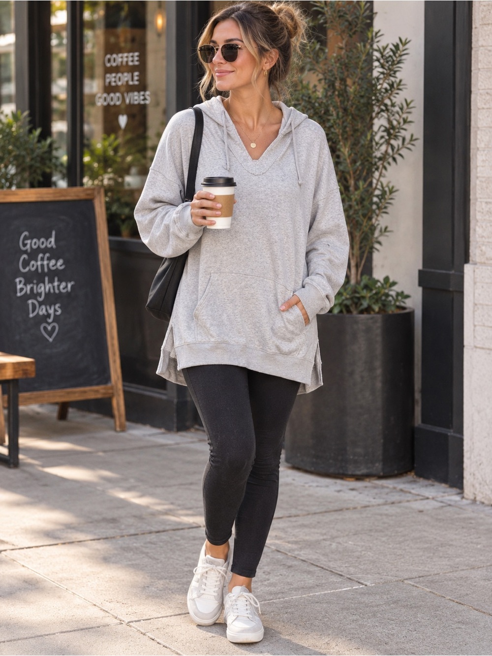 Aerie Oversized V-Neck Hoodie Light Heather Grey Raw Edge Side Slit XXL